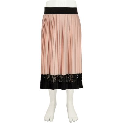 Girls pink pleated lace panel midi skirt